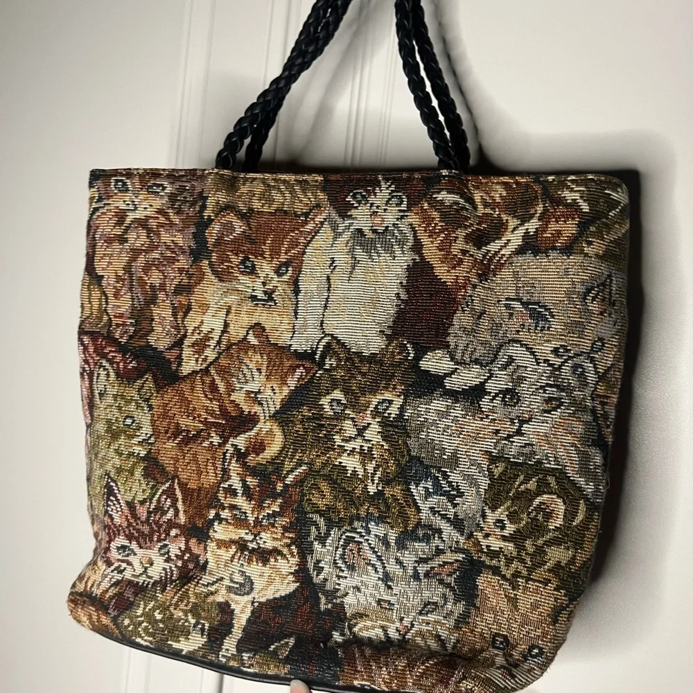 Vintage 1990s Tapestry Cat Tote Bag w/ Matching Wallet